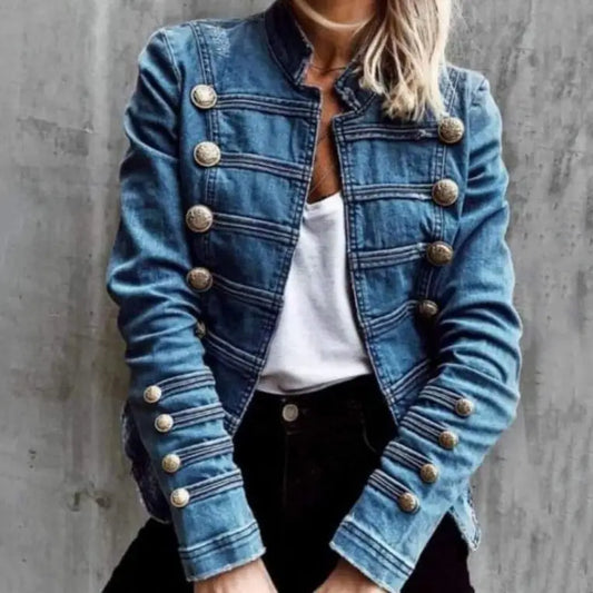 Blue denim military-style jacket.
