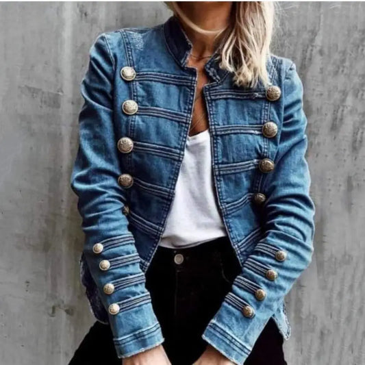 Blue denim military-style jacket.