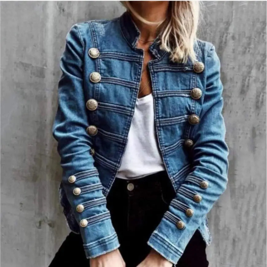 Denim military-style jacket.