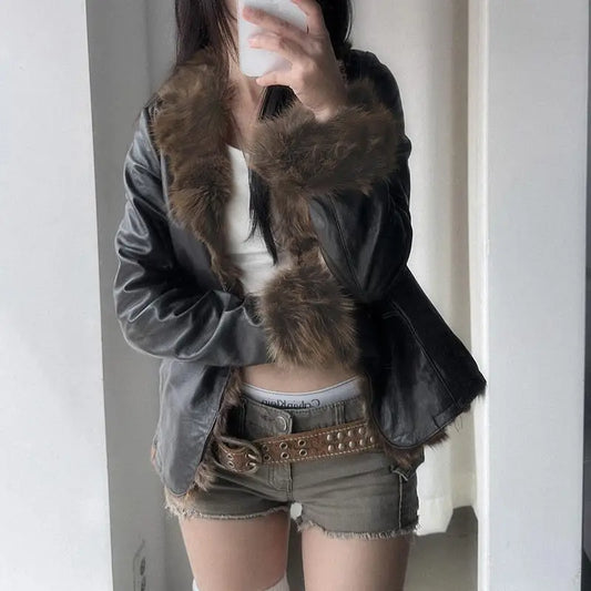 Street Chic Leather Coat with Fur