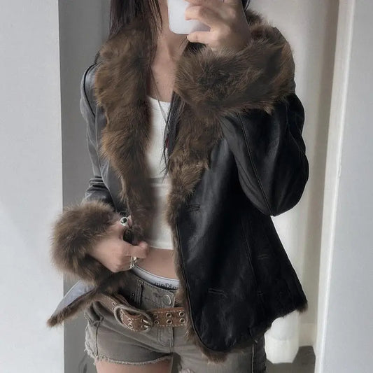 Street Chic Leather Coat with Fur