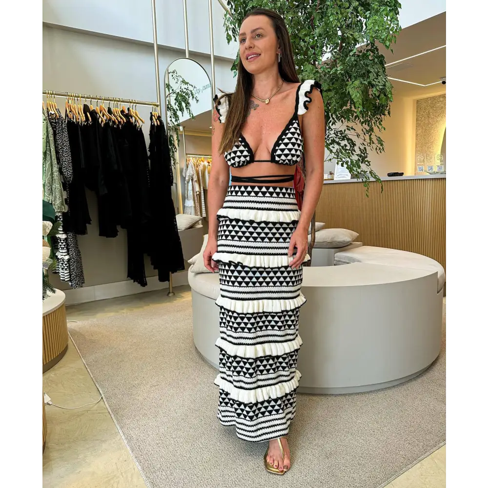 Striped Bikini Ruffled Spaghetti Straps Top Suit Long Knitted Skirt For Women - Black And White Stripes / S