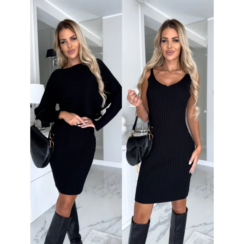 Striped Elegance: Women’s 2pc Suit & Skirt Set - Black / 2XL