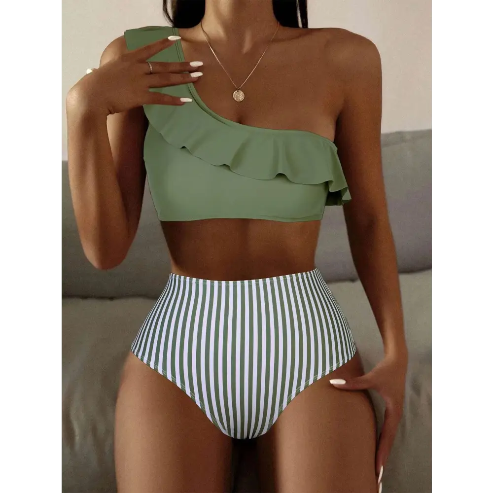 Striped Solid Color Split Bikini Women’s Swimsuit - Army Green / S