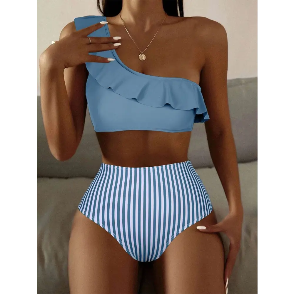 Striped Solid Color Split Bikini Women’s Swimsuit - Light Blue / S