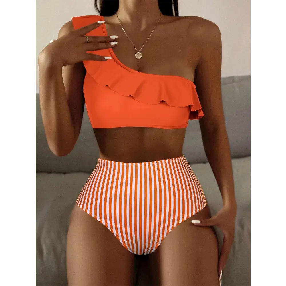 Striped Solid Color Split Bikini Women’s Swimsuit - Orange Red / S