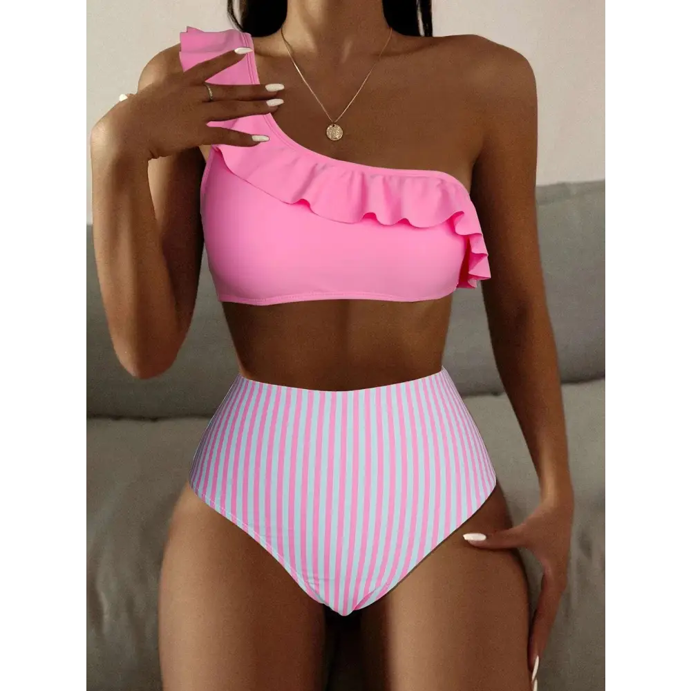 Striped Solid Color Split Bikini Women’s Swimsuit - Pink / S