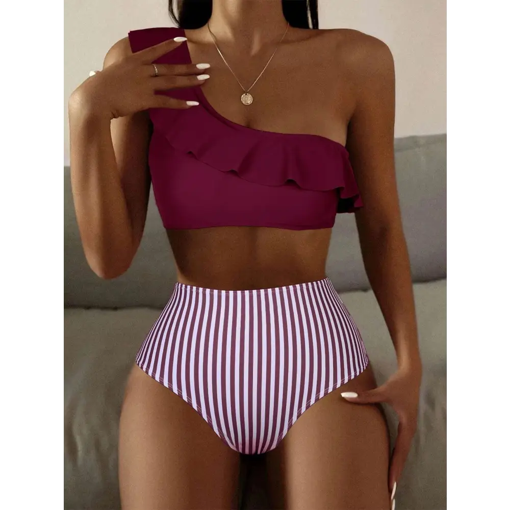 Striped Solid Color Split Bikini Women’s Swimsuit - Wine Red / S
