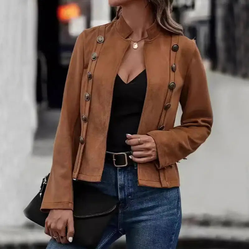 Suede Retro Double Breasted Jacket - Dark Brown / S - 4