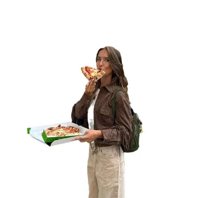 Woman eating pizza.