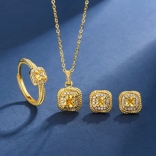 SugarCube Chic: Gold-Plated Ear & Ring Set - 3 Piece set