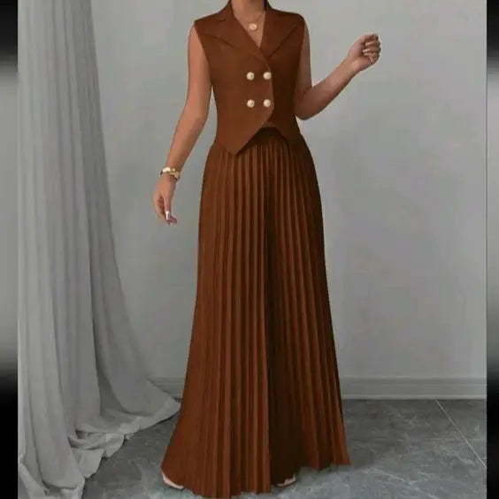 Brown pleated pantsuit.
