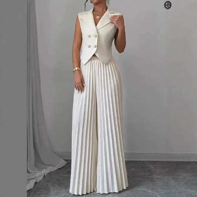 Woman’s ivory pleated palazzo pantsuit.
