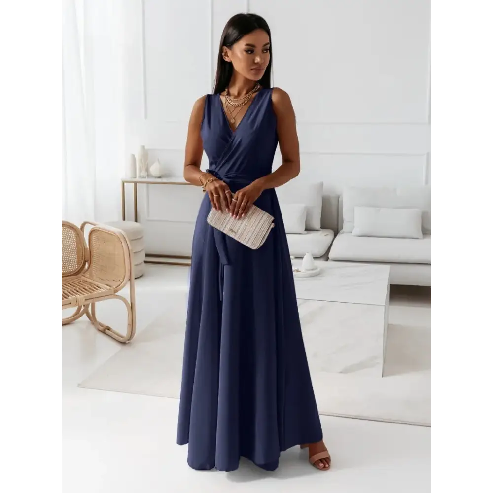 Summer Chic V-Neck Maxi Dress - Navy Blue / S