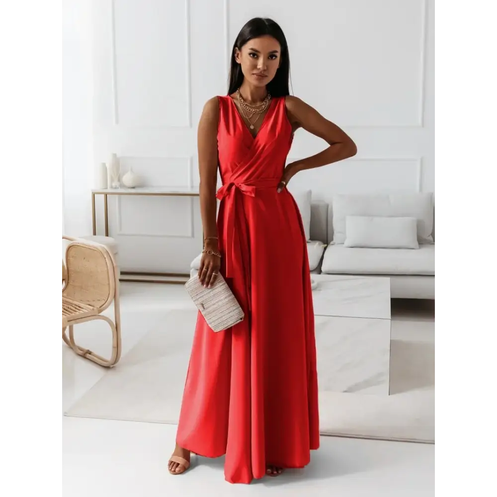 Summer Chic V-Neck Maxi Dress - Red / S