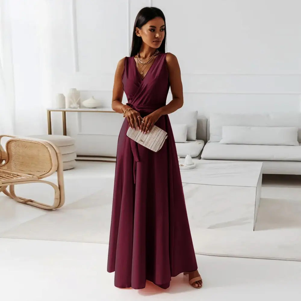 Summer Chic V-Neck Maxi Dress - Wine Red / S