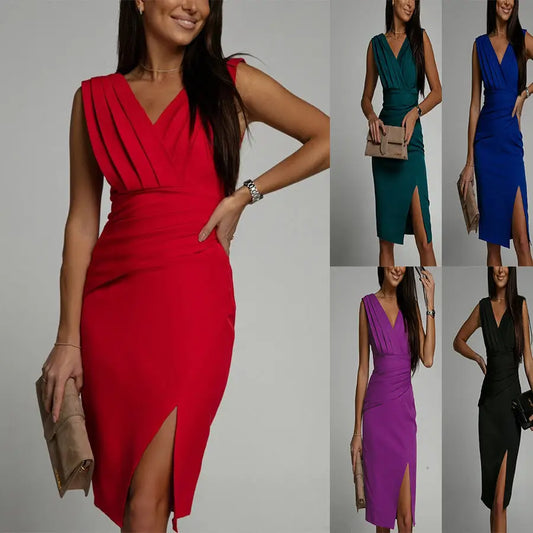 Summer V Neck Sleeveless High Waisted Pleated Evening Gown - 4
