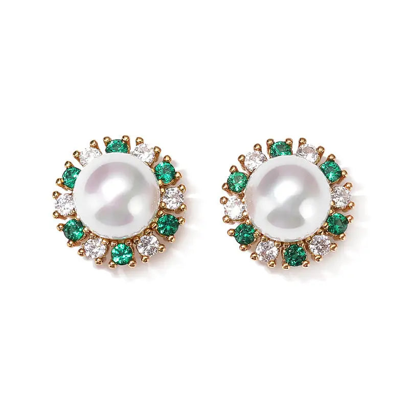 Sunflower Sparkle Earrings - White Green Gold Plated