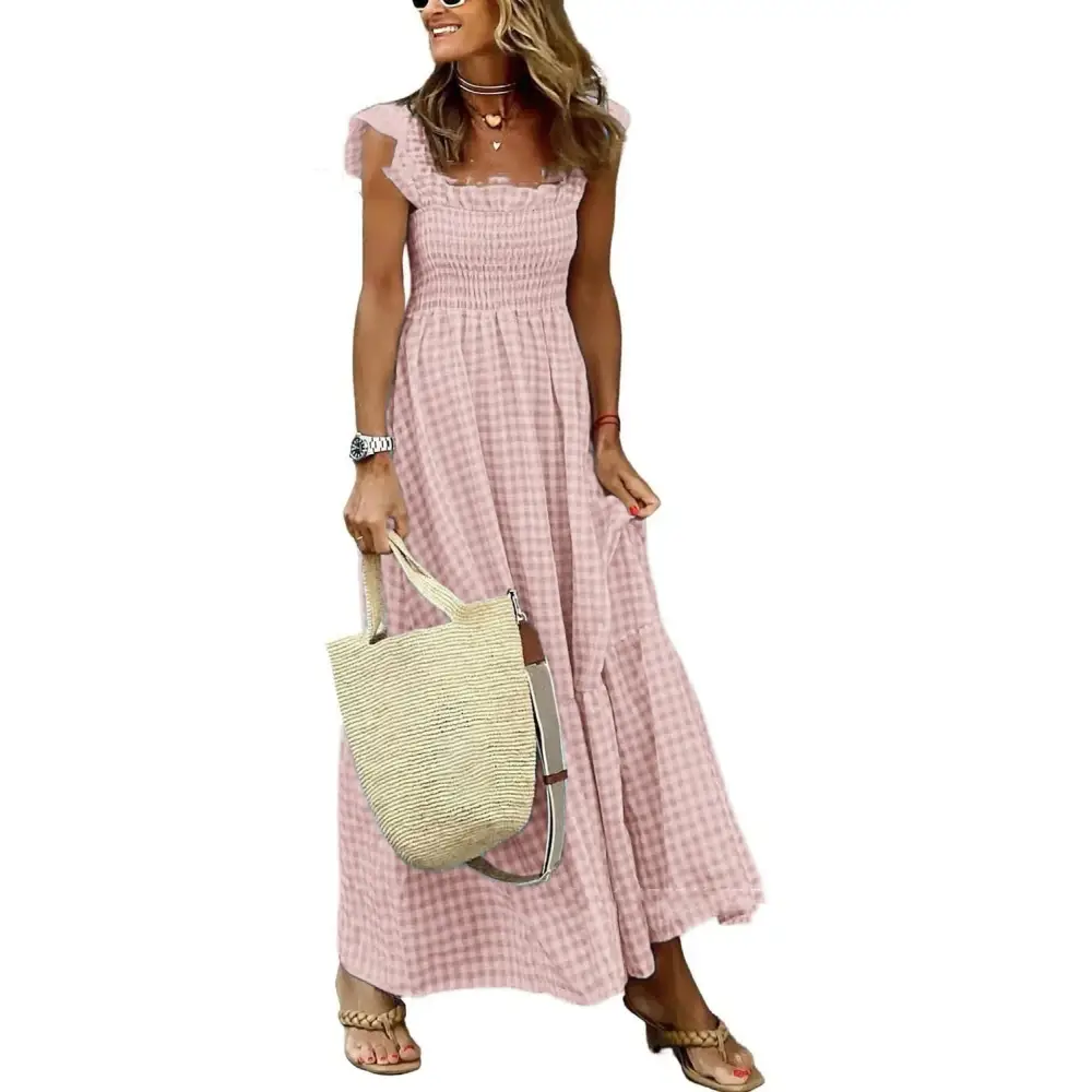 Sunny Plaid Ruffle A-Line Dress - Beach Chic - Pink / 2XL