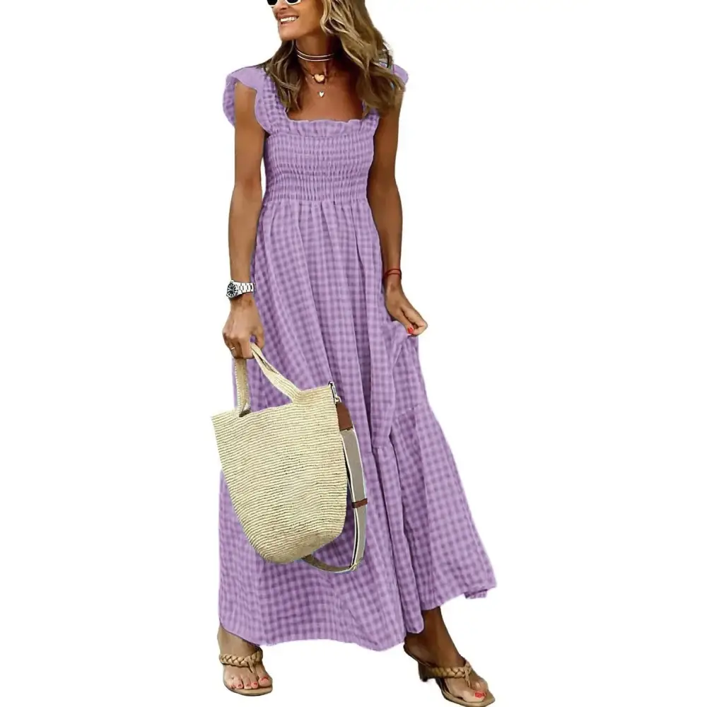 Sunny Plaid Ruffle A-Line Dress - Beach Chic - Purple / 2XL