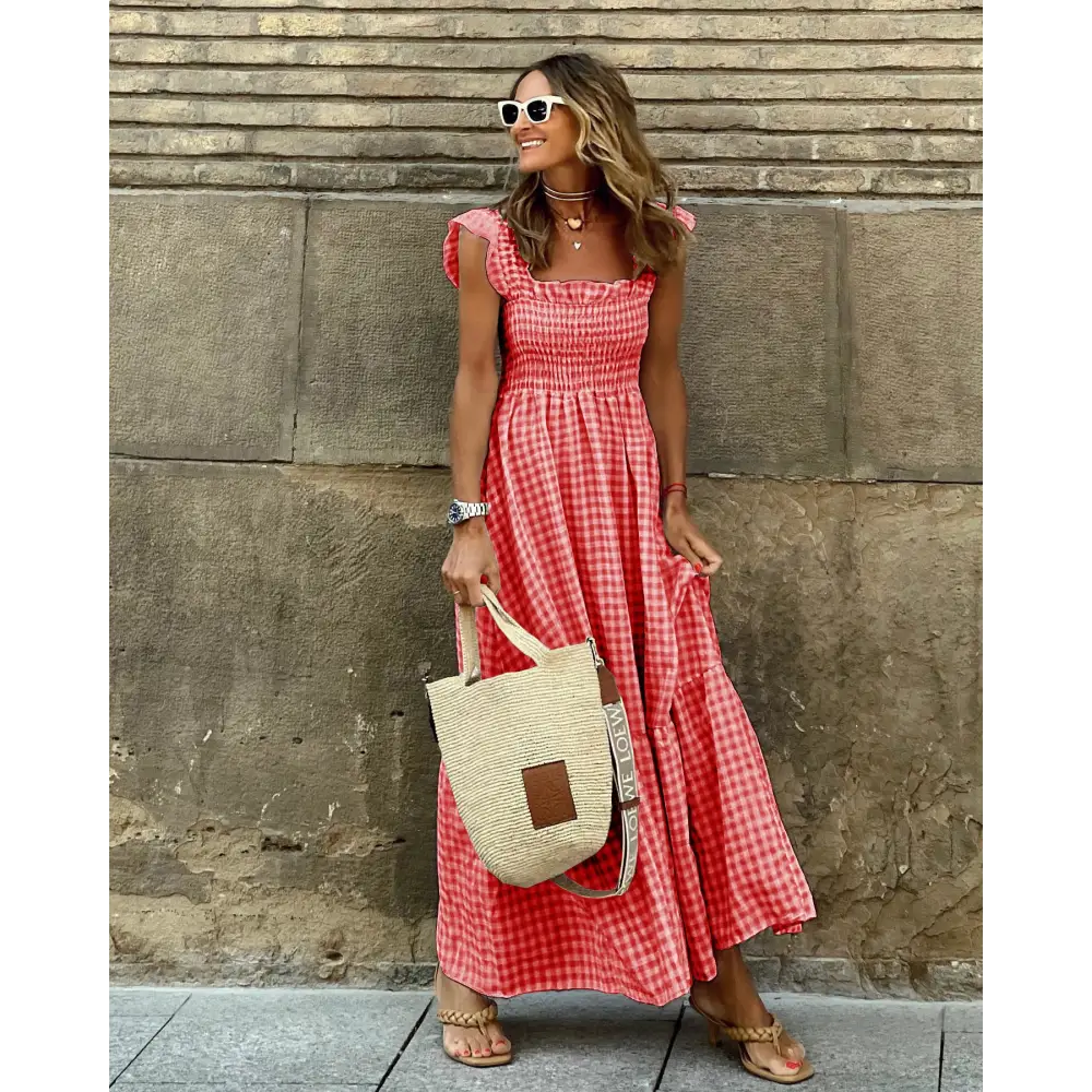 Sunny Plaid Ruffle A-Line Dress - Beach Chic - Red / S