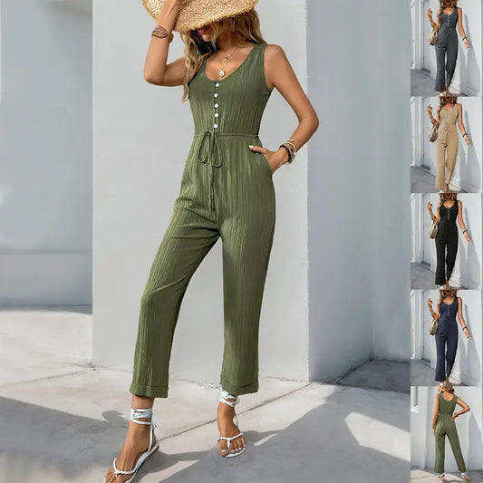 SunnyVibe V-Neck Belted Jumpsuit