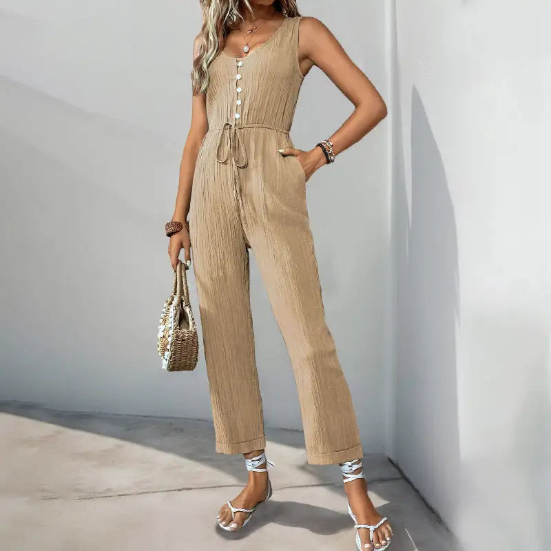 SunnyVibe V-Neck Belted Jumpsuit - S / Khaki