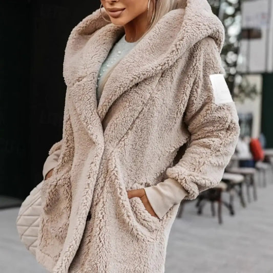 Beige hooded teddy coat.