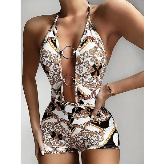 Swimsuit with printed cutout straps