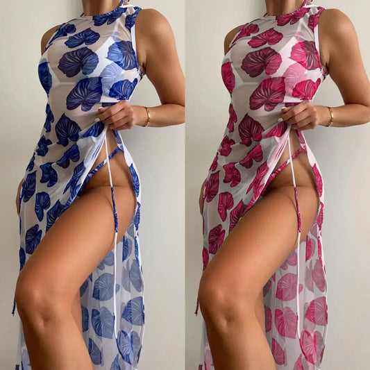 Swimsuit Women’s Split Three-point Backless Print Mesh Three-piece Suit