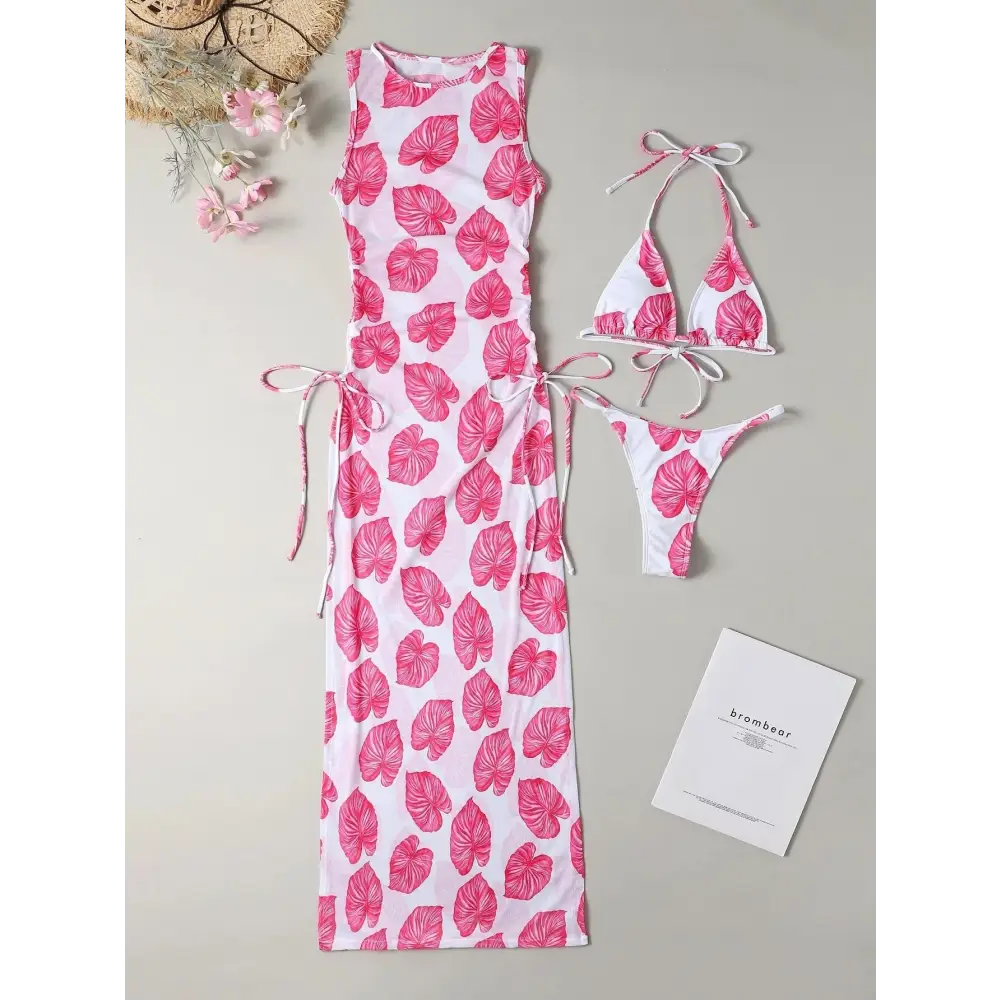 Swimsuit Women’s Split Three-point Backless Print Mesh Three-piece Suit - Red / S