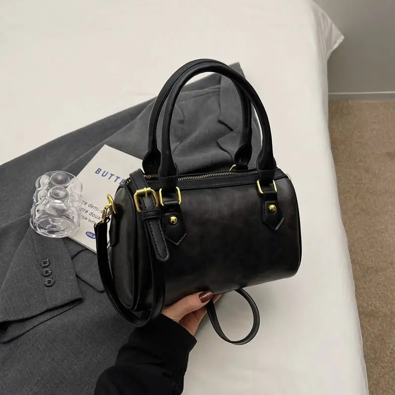 Synthetic Leather Square Handbag with Multiple Pockets - Black