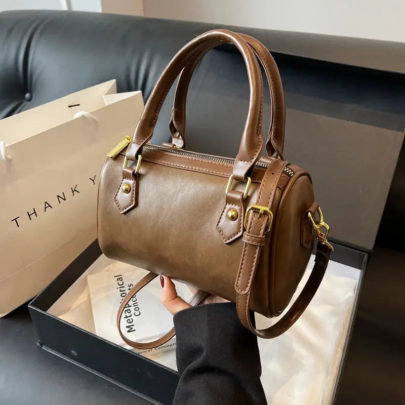 Synthetic Leather Square Handbag with Multiple Pockets - Mud Color
