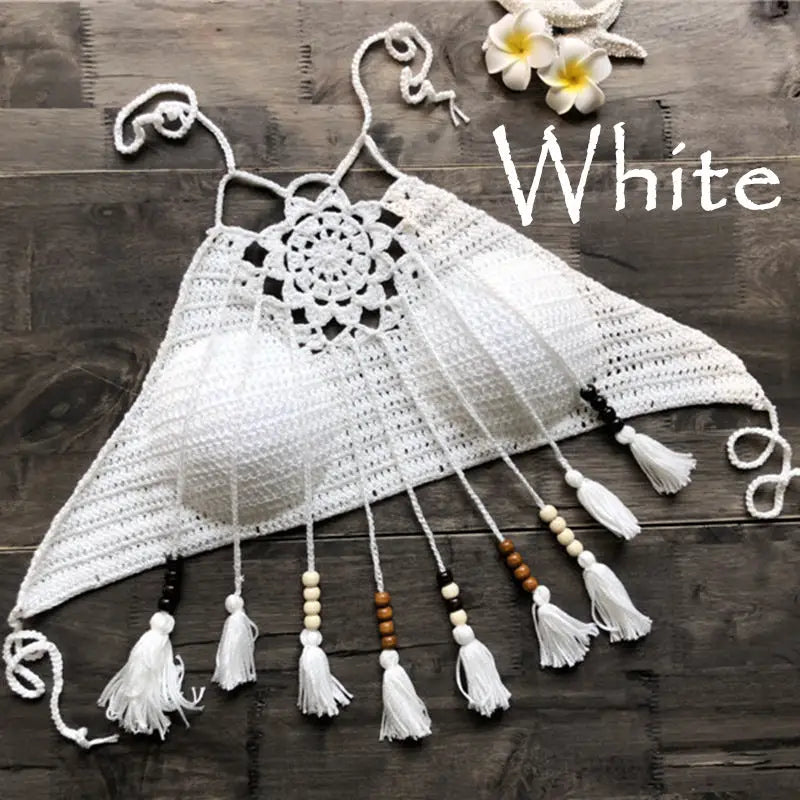 Tassel bohemian swimsuit - white / L