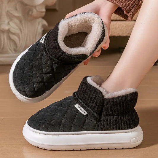 Thick Flannel Indoor Slippers with 4 cm Heel in Multiple Colors