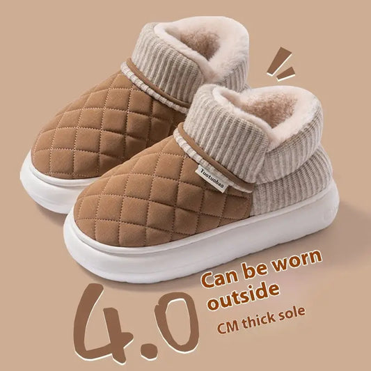 Thick Flannel Indoor Slippers with 4 cm Heel in Multiple Colors