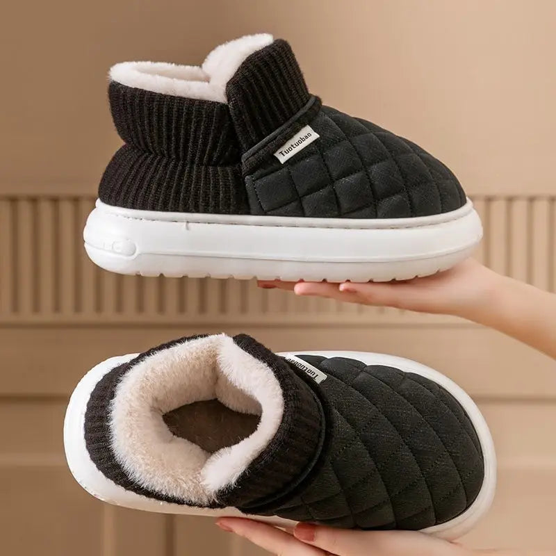 Thick Flannel Indoor Slippers with 4 cm Heel in Multiple Colors