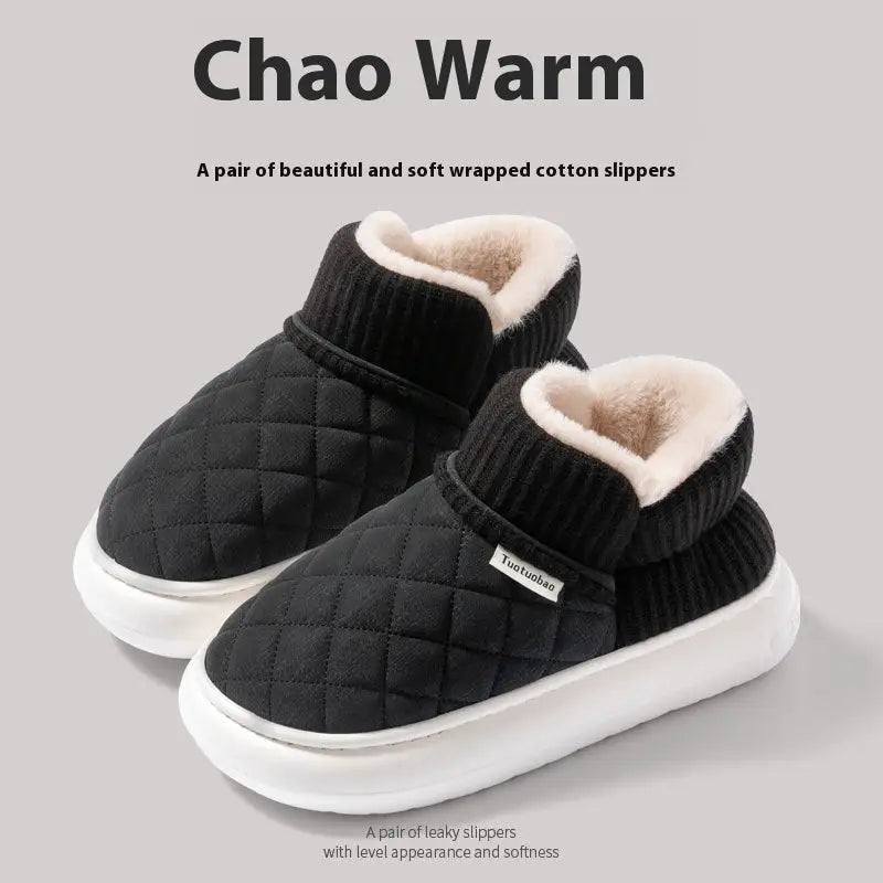 Thick Flannel Indoor Slippers with 4 cm Heel in Multiple Colors - Black / 36to37