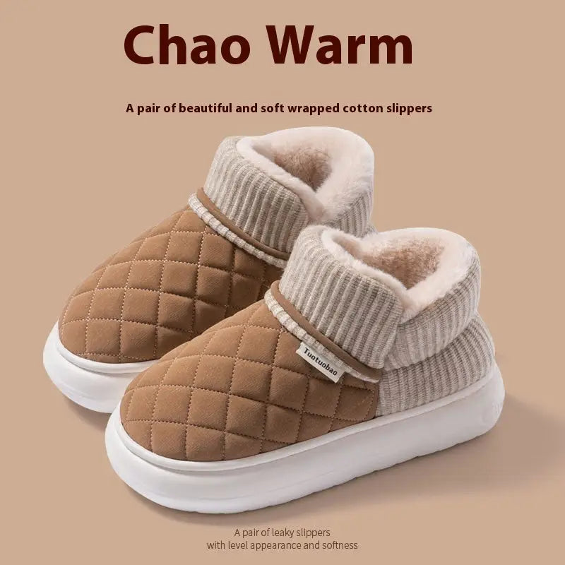 Thick Flannel Indoor Slippers with 4 cm Heel in Multiple Colors - Brown / 36to37