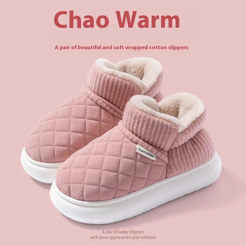 Thick Flannel Indoor Slippers with 4 cm Heel in Multiple Colors - Pink / 36to37