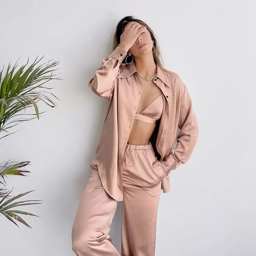 Three-piece Suit Of European And American Underwear Lapel Shirt Top Trousers - Pink / S