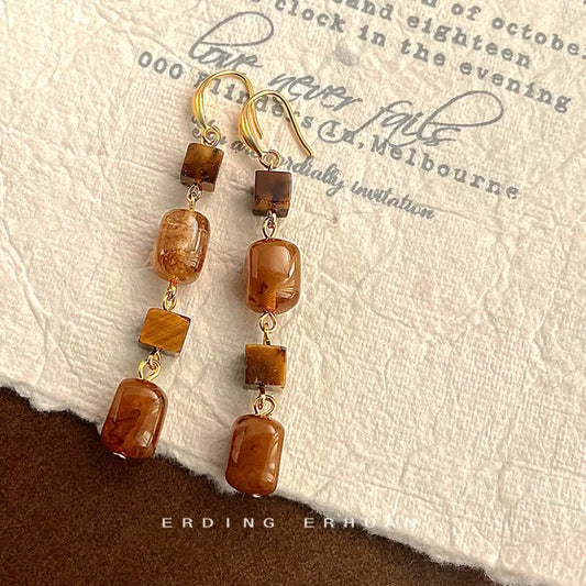 Tigereye Luxe Handmade Long Tassel Earrings - Tigereye