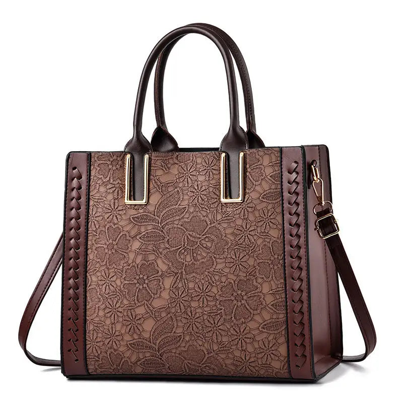 Top Handle Satchel Handbag with Adjustable Shoulder Strap - Brown