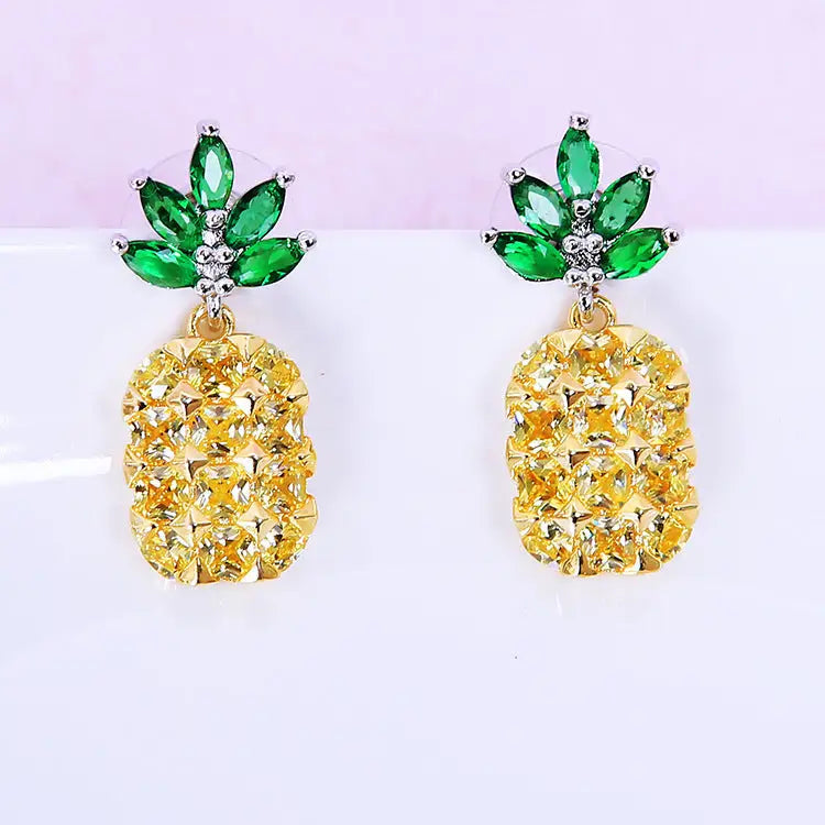Tropical Glam: Crystal Pineapple & Coconut Earrings Set - Ear Studs