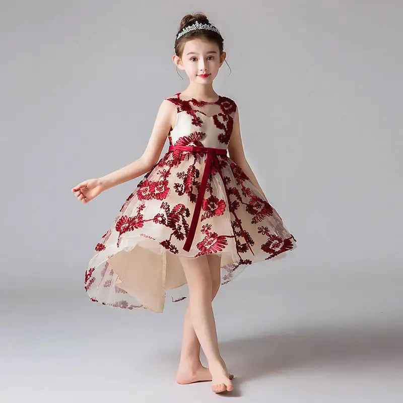 Twirl & Bloom: Enchanting Princess Flower Dress - Red / 110cm