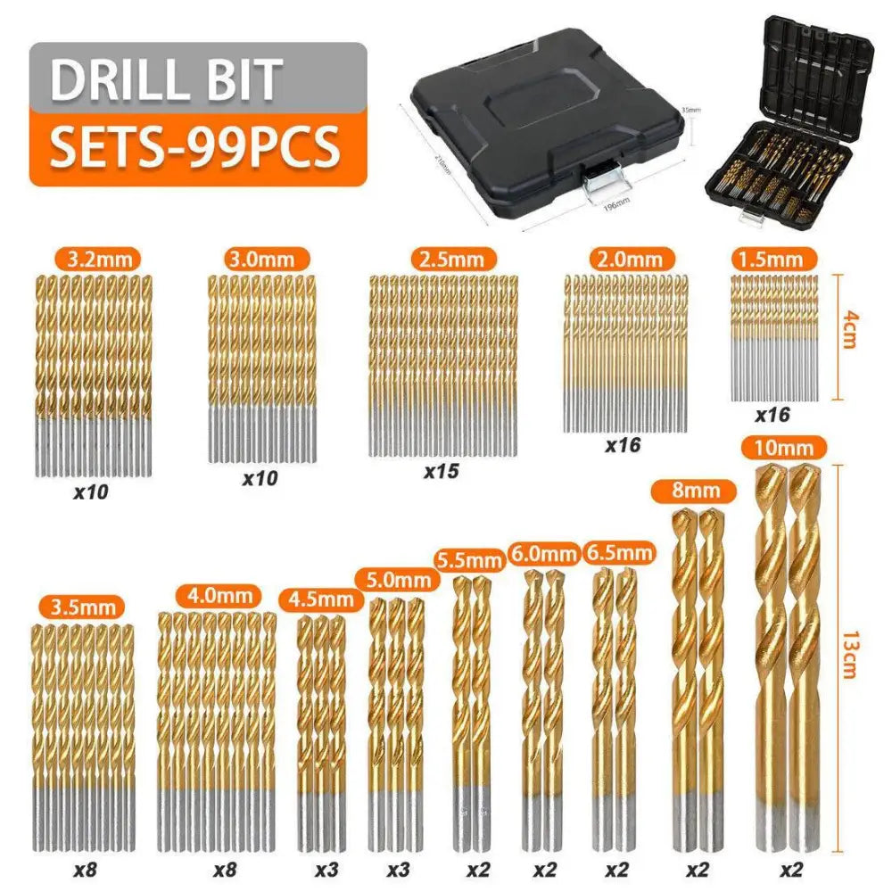 Unbranded 99 Piece Titanium Spiral Drill Bit Set 99tlg 5