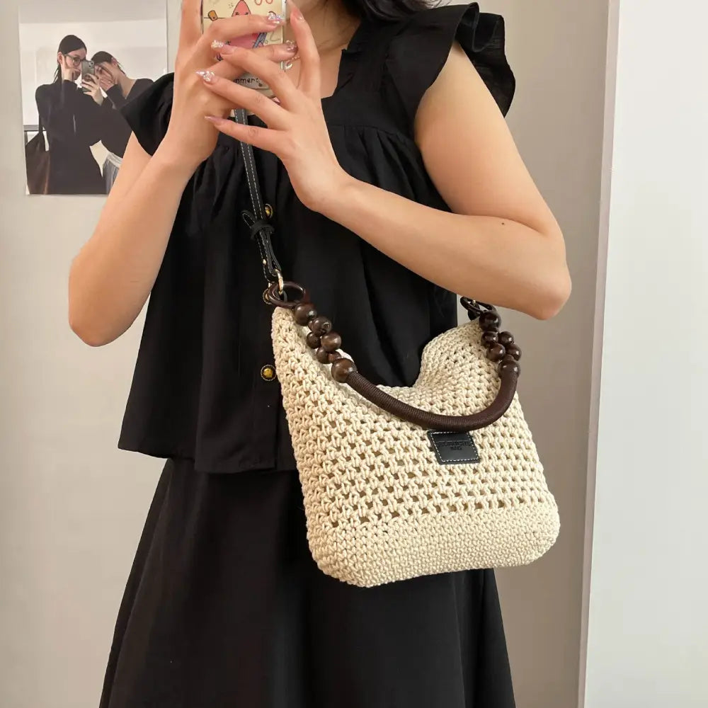 Urban Simplicity Medium Knitted Bucket Bag with Contrast Stitching