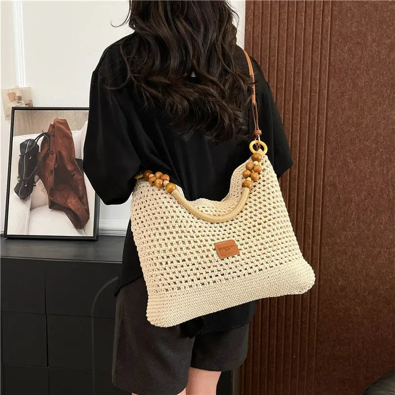 Urban Simplicity Medium Knitted Bucket Bag with Contrast Stitching - Brown / 28x10x28
