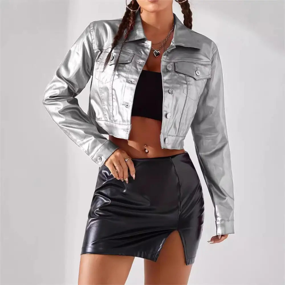 UrbanChic: Women’s Street Style Coated Jacket - Light Gray / S