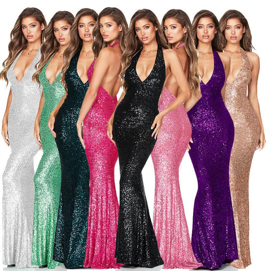V-Halter Backless Dress